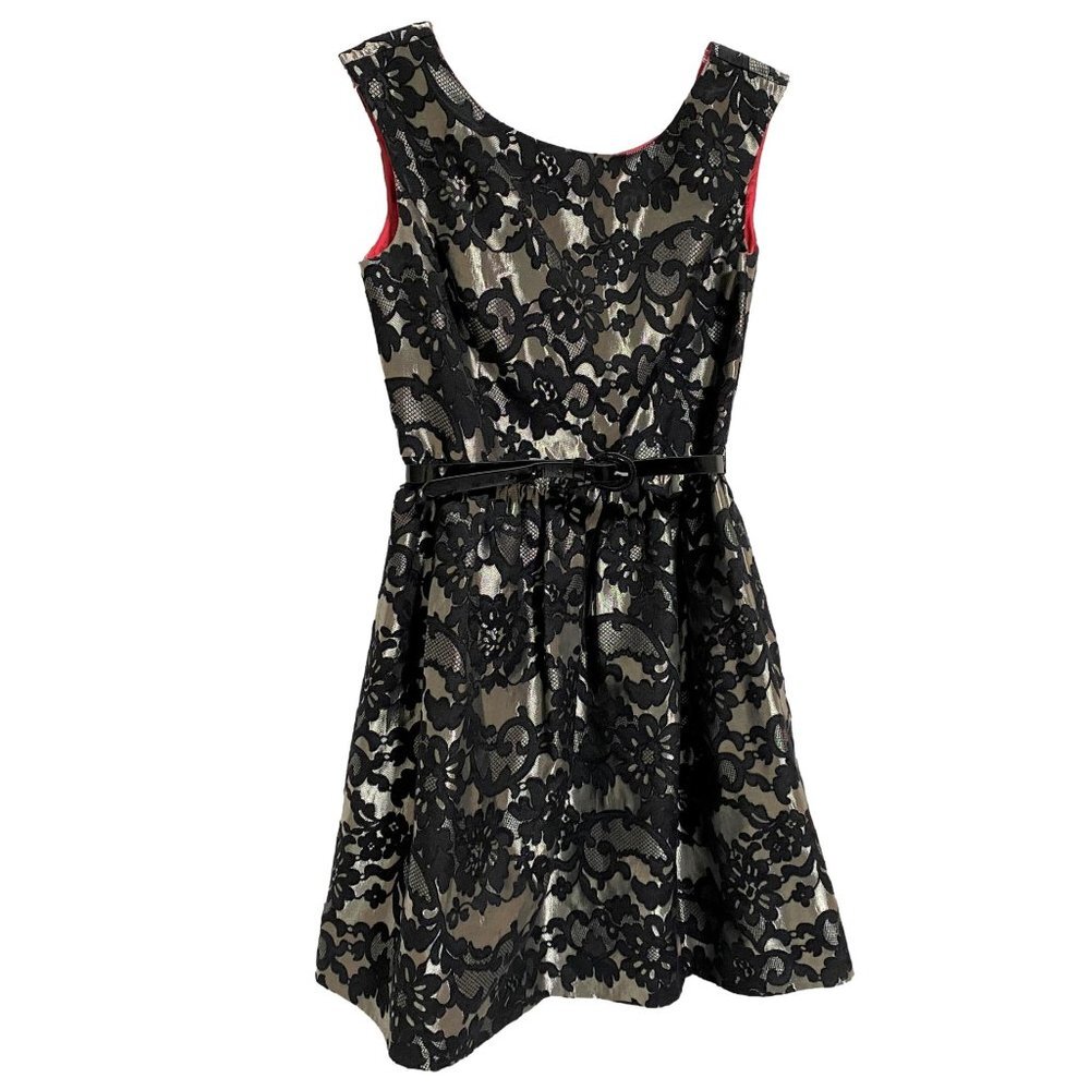 Eliza J Silver Black Applique‎ Fit & Flare Belted Dress Size 6